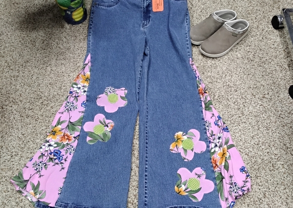 DG2 by Diane Gilman Denim - 3902 Size 14 Diane Gilman Blue Denim Bell Bottom Jeans with Pink Floral Insets